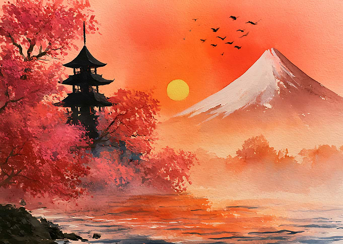 Mount Fuji and Pagoda Sunset Painting