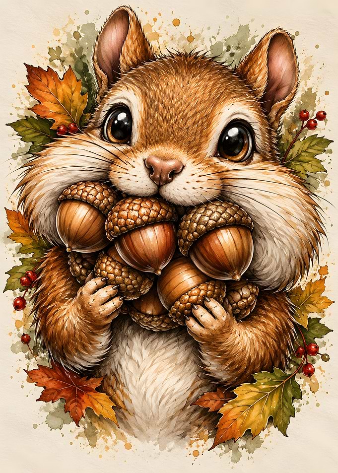 Cute Squirrel Holding Acorns