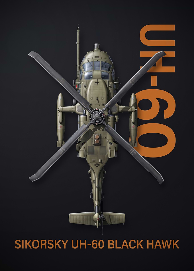 dark background top view Sikorsky UH60 Black Hawk Poster