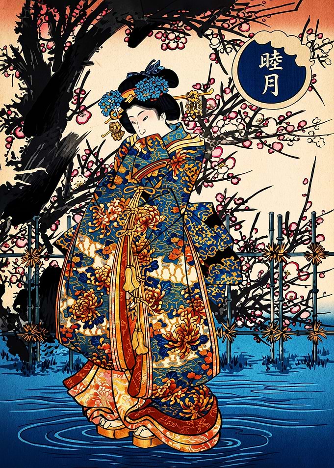 Ukiyo-e Style Geisha in Plum Garden