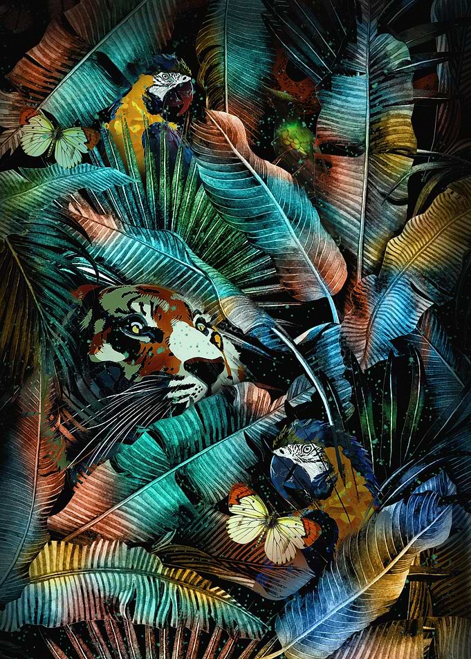 Tiger Hidden in Tropical Jungle