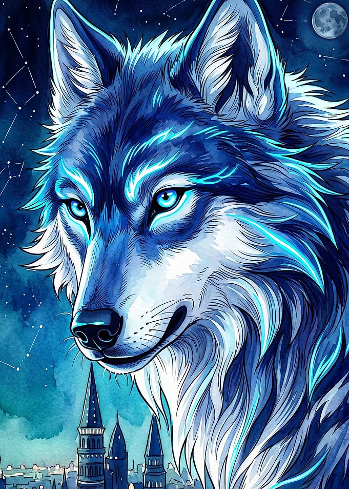 Blue Wolf Night Sky Fantasy Art
