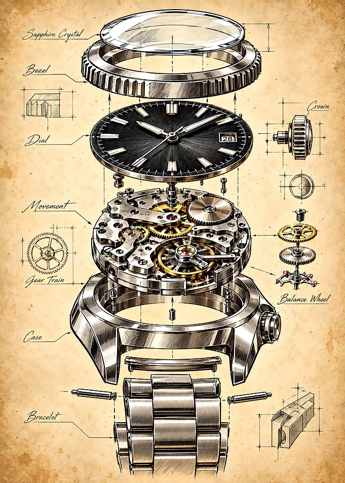 Exploded View Watch Technical Blueprint