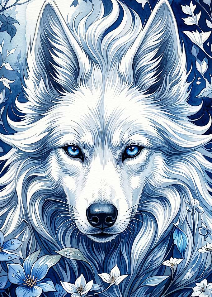 White Wolf Blue Floral Fantasy Art