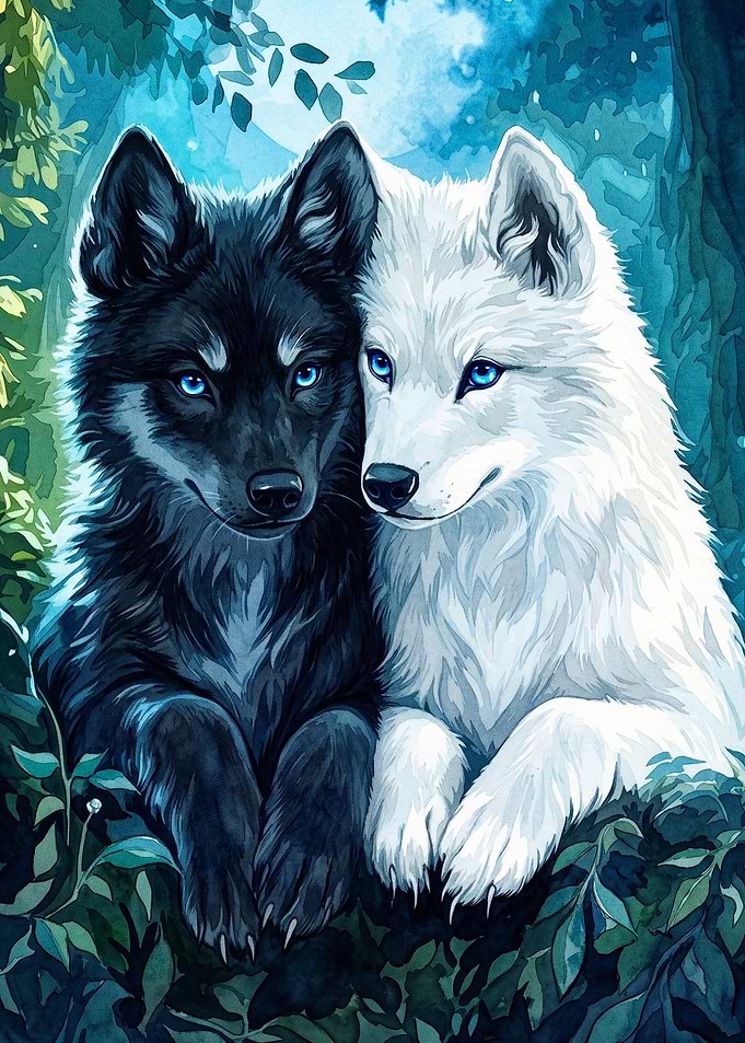 Wolf Couple Forest Blue Fantasy Art