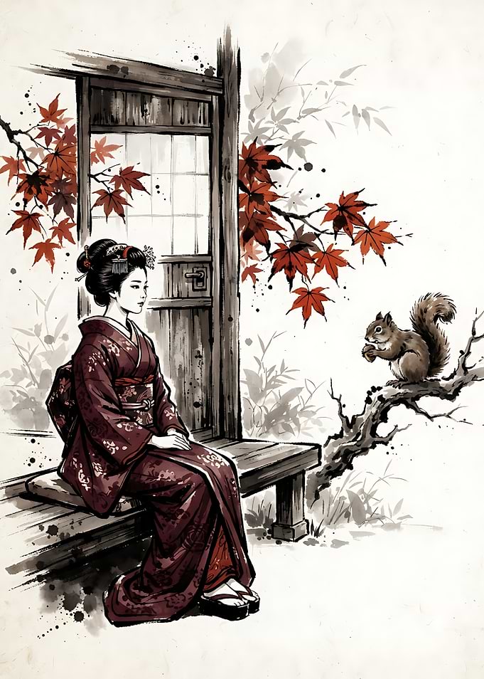 Geisha Sitting with Squirrel