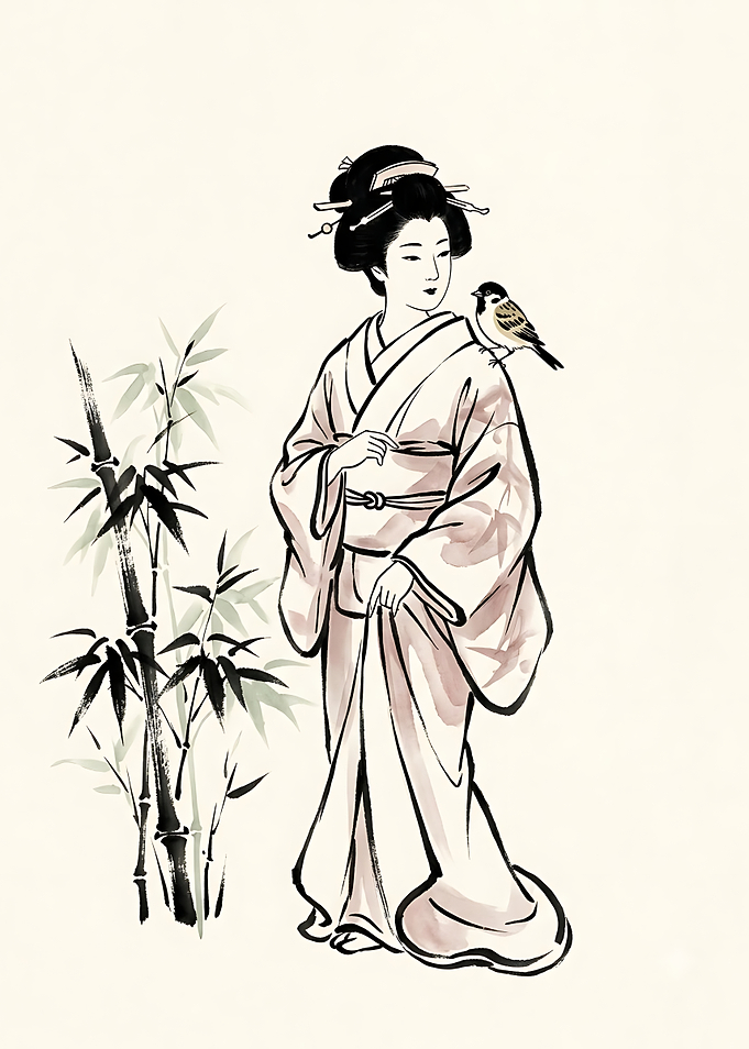 Geisha with Bird and Bamboo