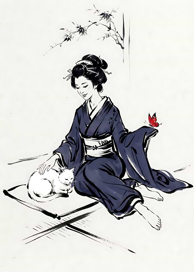 Geisha with Cat and Butterfly