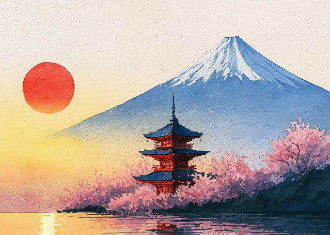 Mount Fuji and Pagoda Watercolor