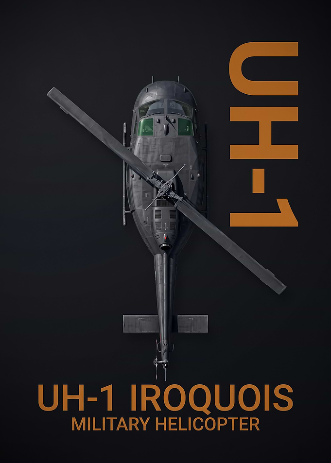 dark background top view UH1 Iroquois Military Helicopter Poster