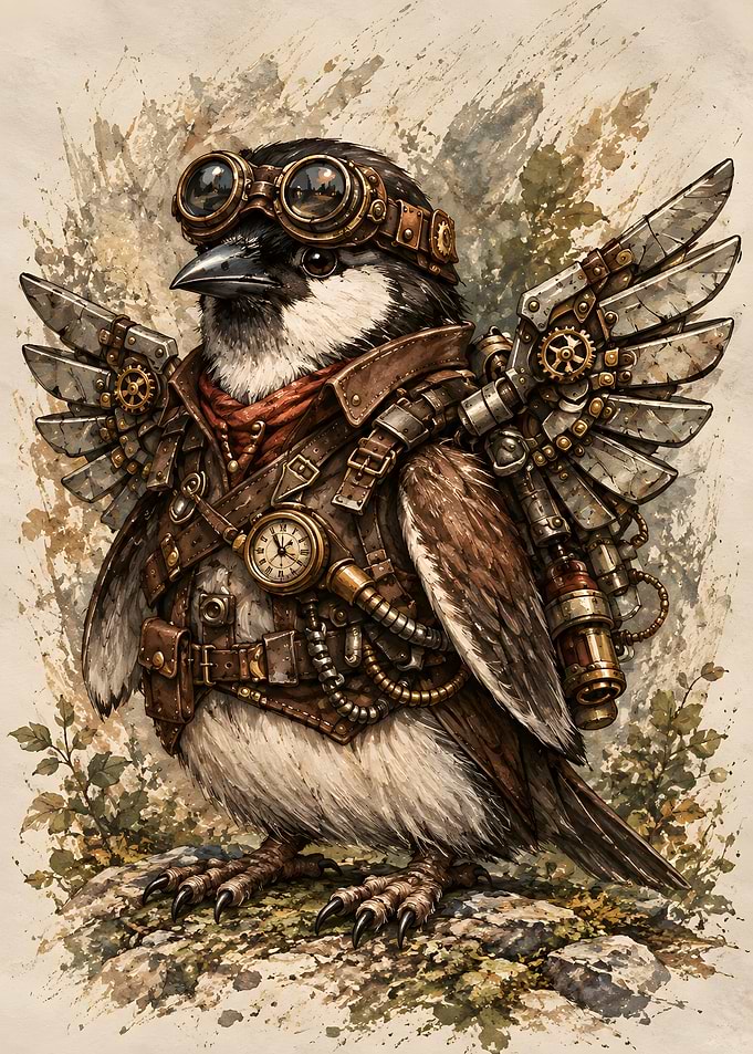 Steampunk Sparrow Aviator Illustration