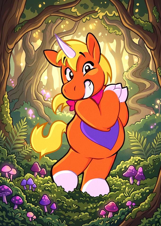 Cute Orange Unicorn in Enchanted Forest