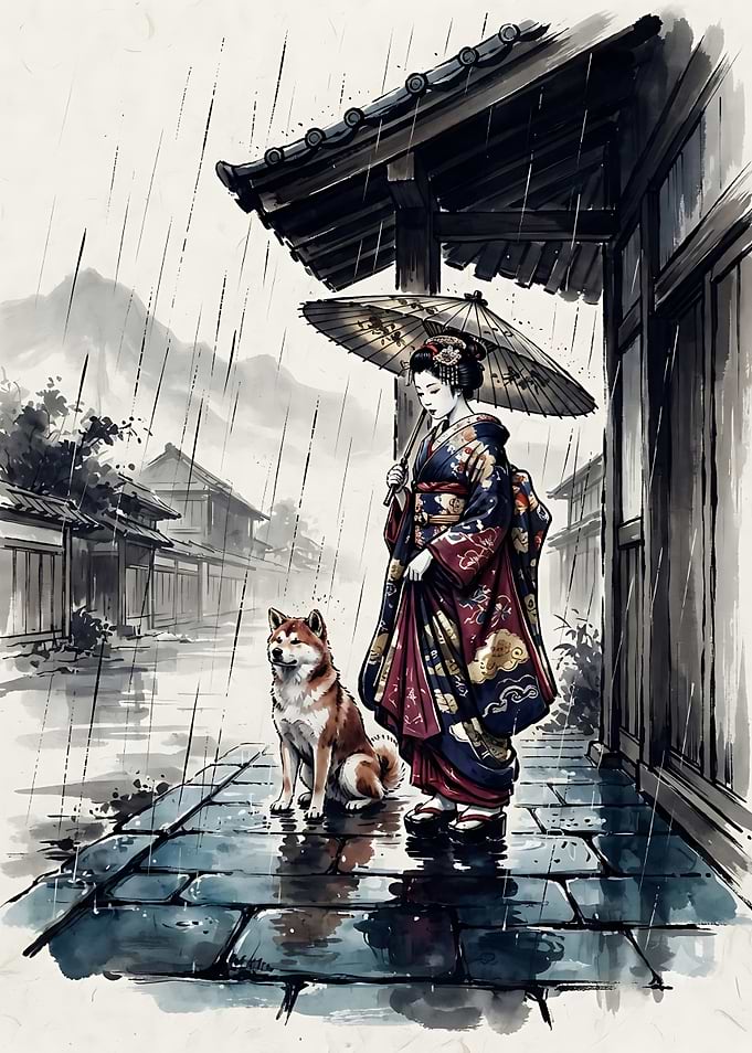 Geisha and Shiba Inu in Rain