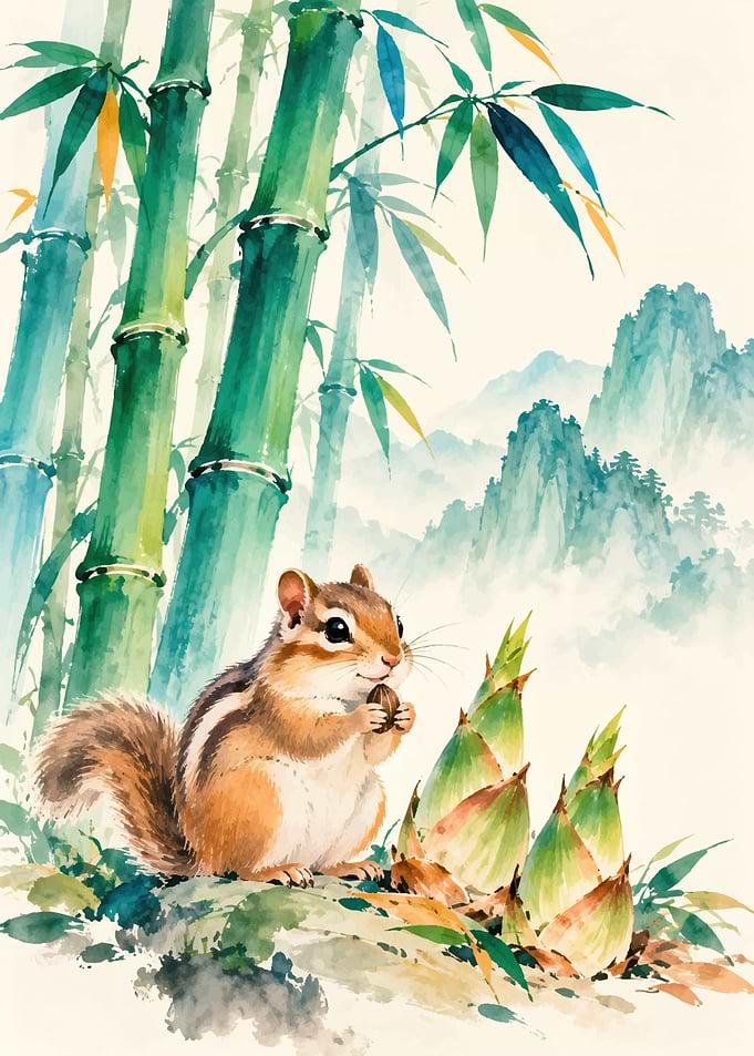 Watercolor Chipmunk in Bamboo Forest