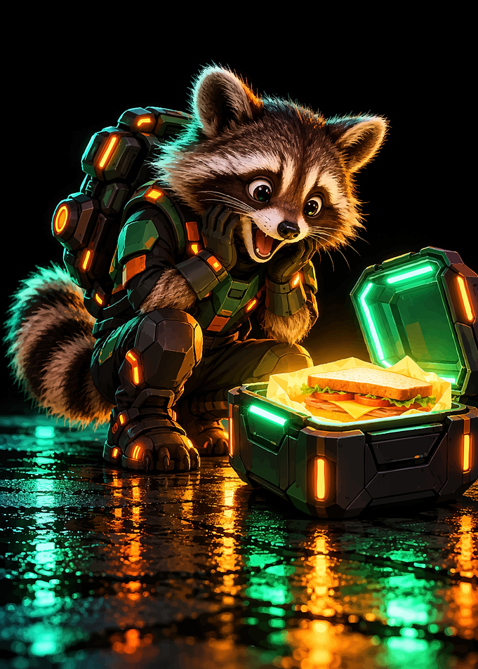 Cyberpunk Raccoon Discovering a Sandwich