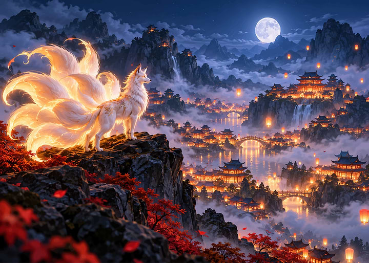 Nine-Tailed Fox Overlooking Mystical Village