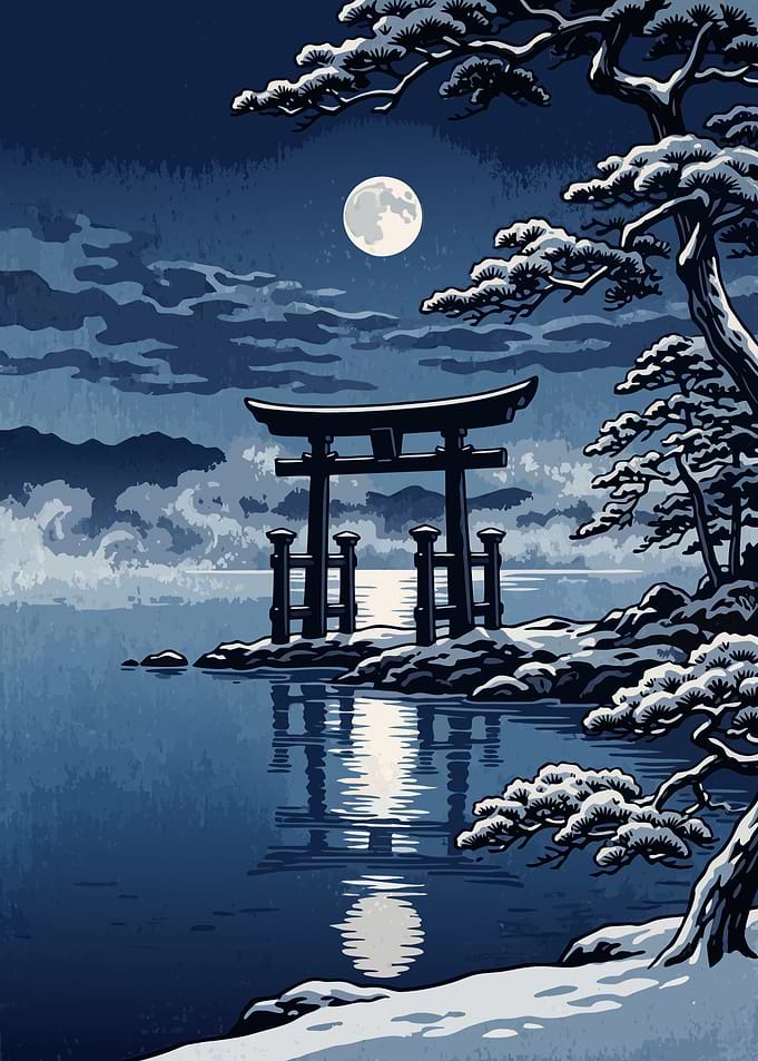 Snowy Torii Winter Moonlight