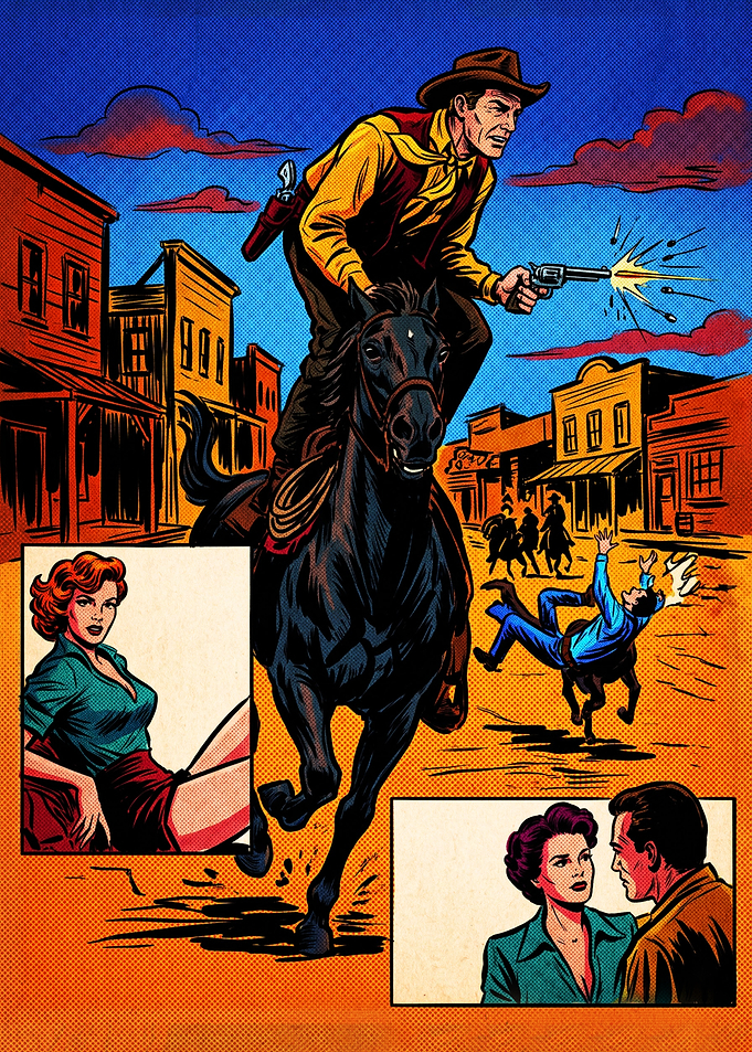 Vintage Western Comic Book Action Scene