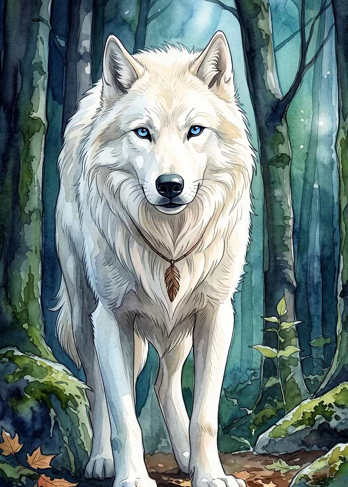 White Wolf Forest Watercolor Art