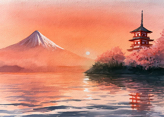 Mount Fuji and Pagoda at Sunset