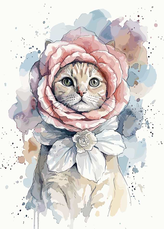Watercolor Cat Wearing Rose Headdress