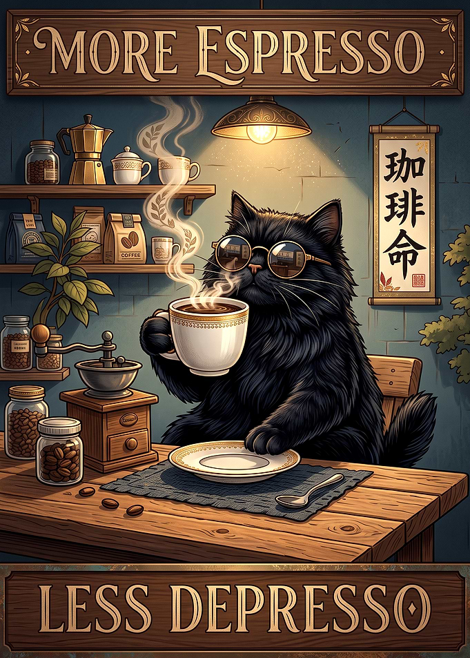 Cool Black Cat Drinking Espresso
