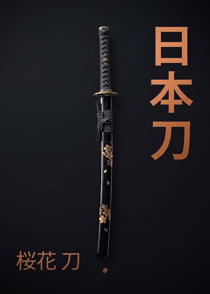 black background sword Elegant Japanese Katana with Cherry Blossoms
