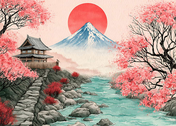 Mount Fuji and Cherry Blossoms Landscape