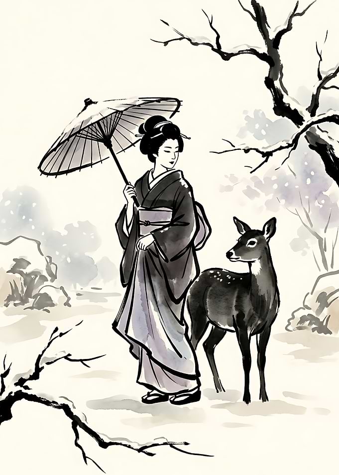 Geisha with Deer in Winter