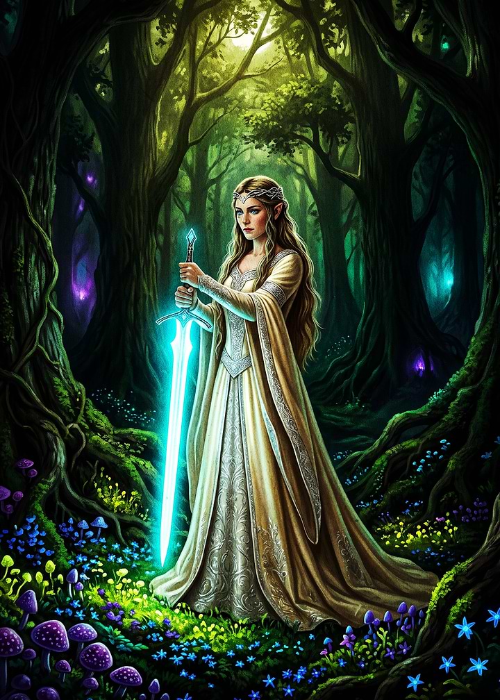 Elf Queen with Glowing Magic Sword
