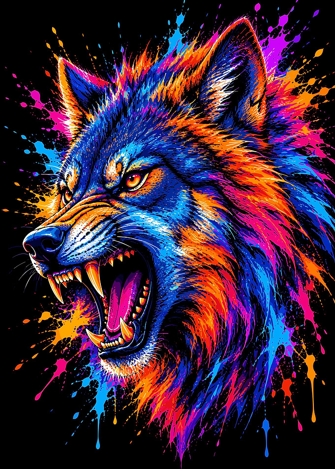 Vibrant Neon Splatter Wolf Portrait