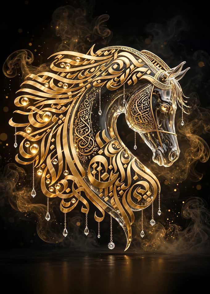 Golden Arabic Calligraphy Horse Portrait