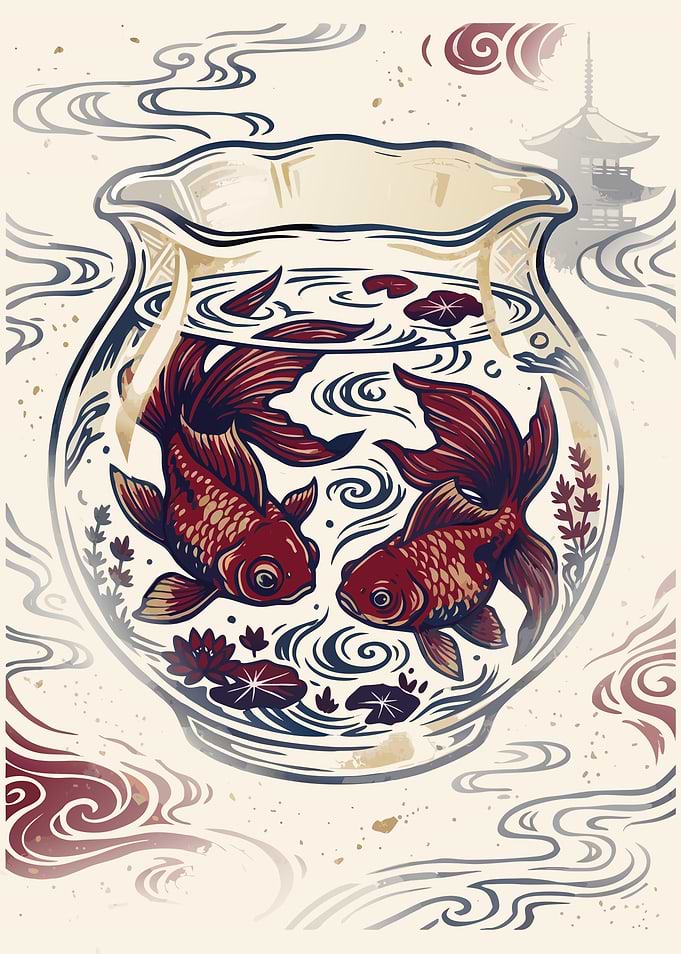 Traditional Japanese Goldfish Bowl Illustration