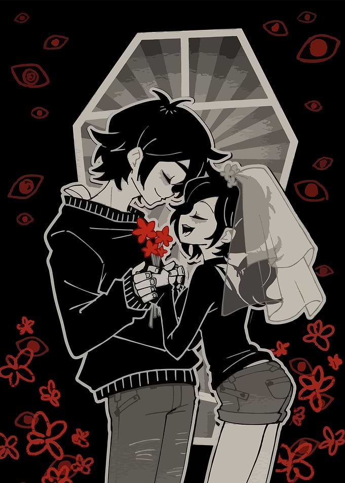 Gothic Anime Couple with Red Flowers