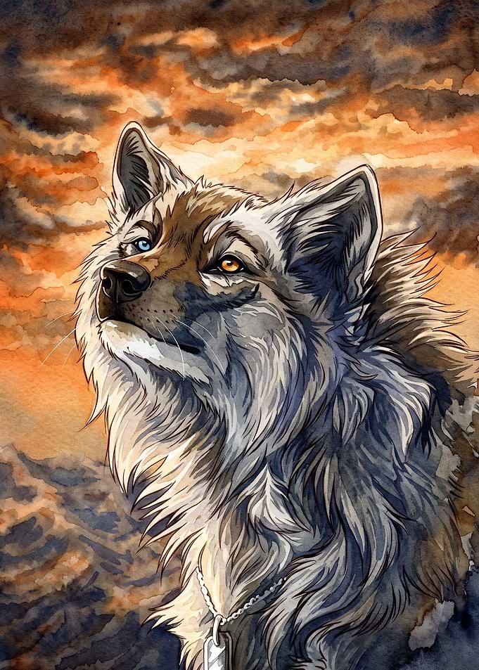 Wolf Sunset Watercolor Art Poster
