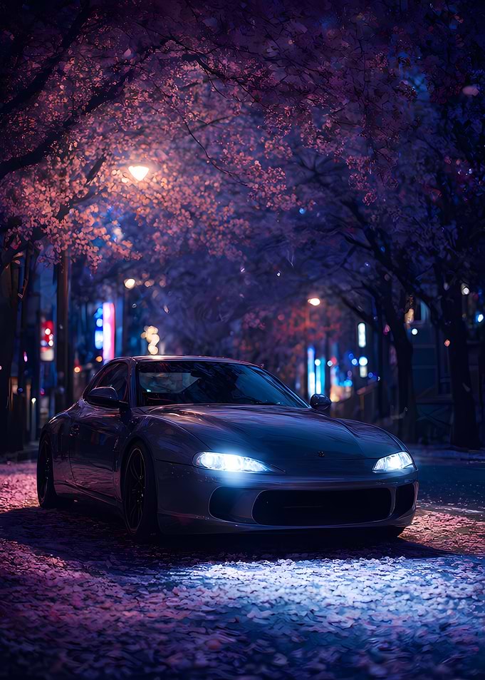 Sports Car Under Cherry Blossoms