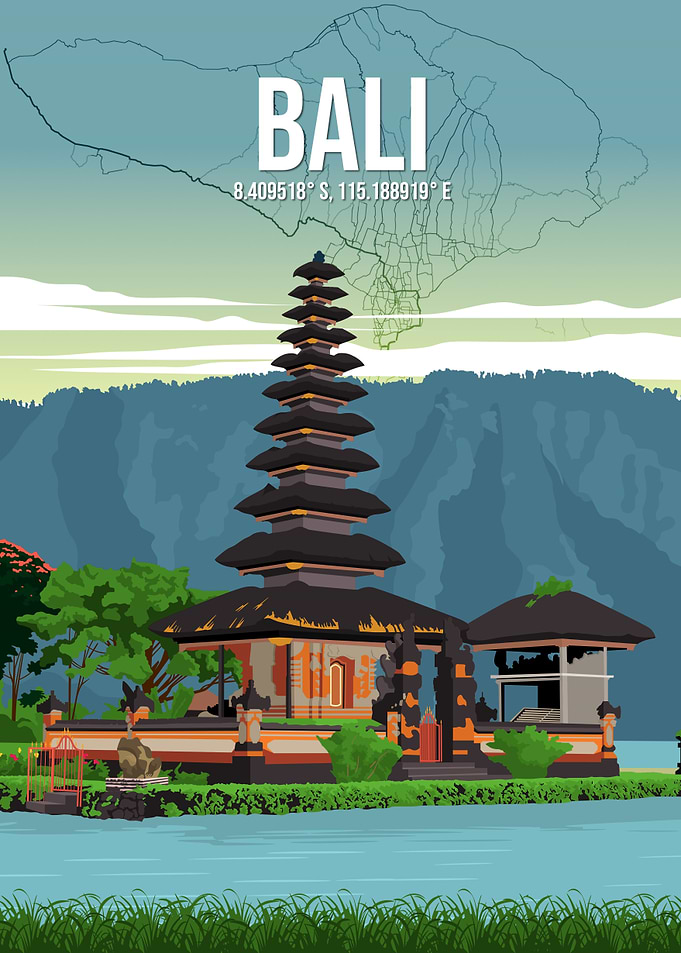 Bali Pura Ulun Danu Beratan Poster City Island Map