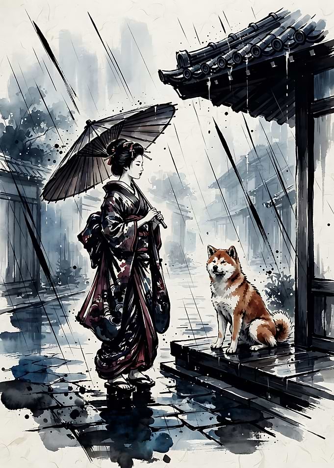 Geisha and Shiba Inu in Rain