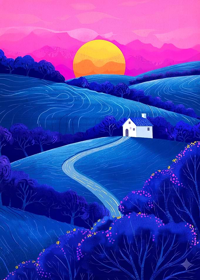Sunset Valley Cottage Vibrant Art