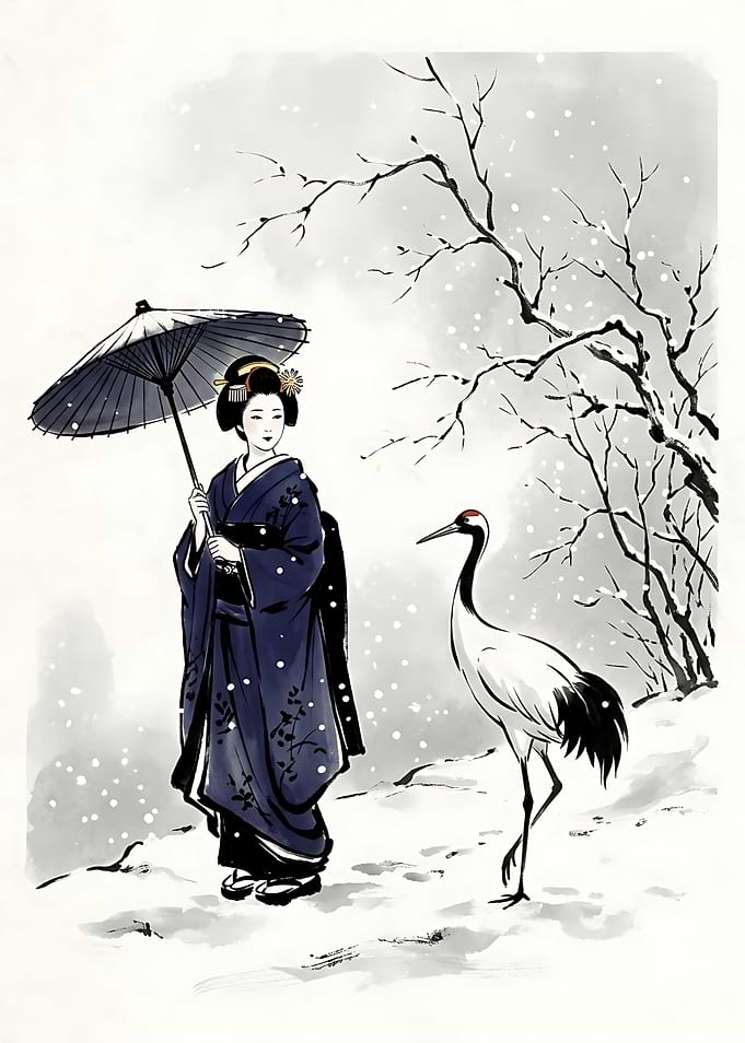 Geisha and Crane in Winter Snow
