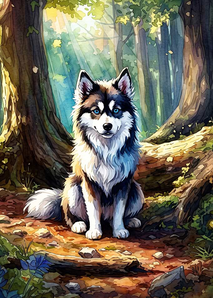 Husky Forest Watercolor Art Poster