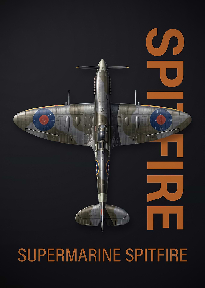 dark background top view Supermarine Spitfire Fighter Plane Poster