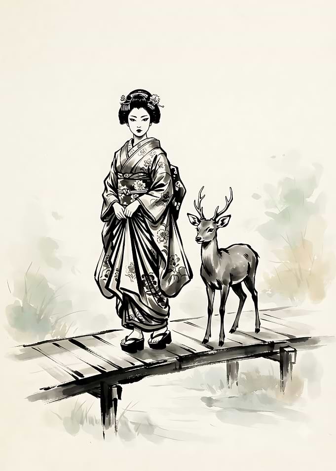 Geisha and Deer on Wooden Bridge