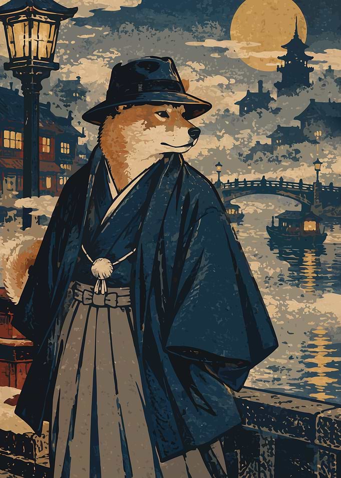 Japanese Art Poster: Shiba Inu by the Night Bridge, Limited Colors
