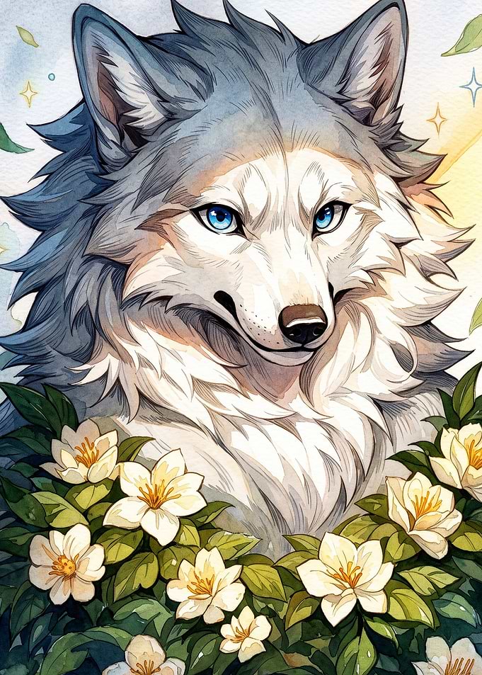 Wolf Flowers Watercolor Art