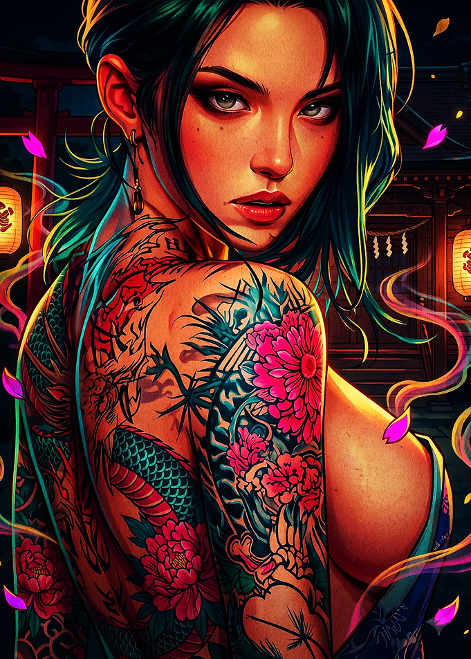 Tattooed Woman at Japanese Shrine