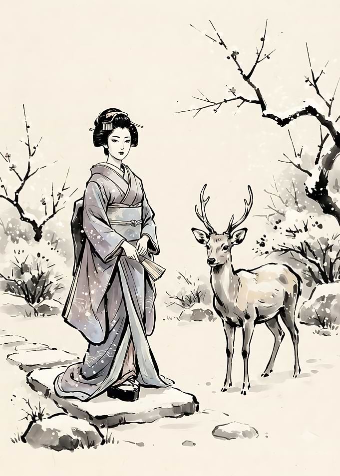 Geisha and Deer in Winter
