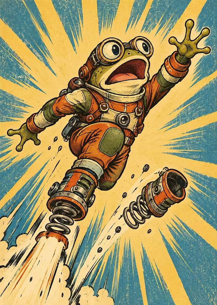 Frog Astronaut Jumping with Spring Boots