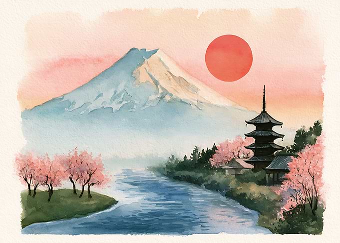 Watercolor Mount Fuji and Pagoda Landscape