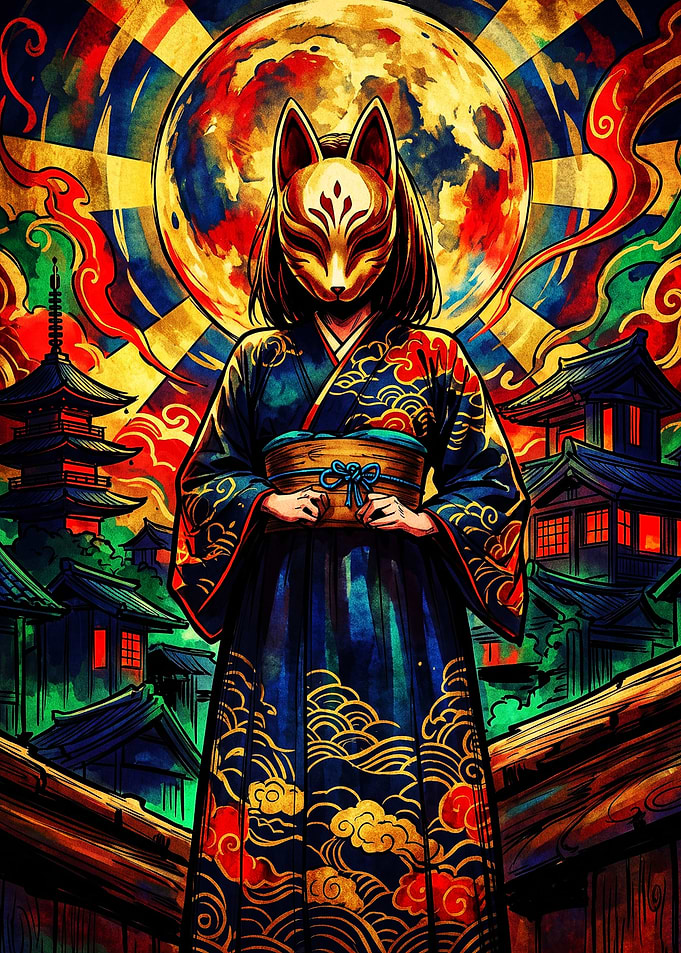 Kitsune Masked Figure in Traditional Kimono